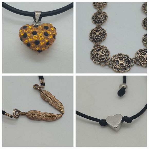 Necklace & Bracelet Lot 4pcs Total Heart Feather Cord Chain Black Gold silver - Picture 1 of 12